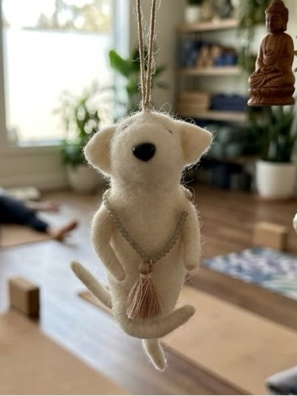 Needle Felted Yoga Dog Ornament with Mala Beads and Tassel